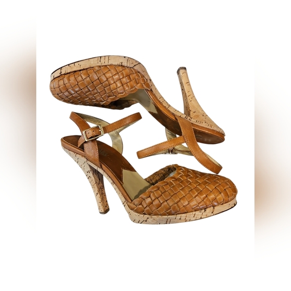Michael Kors SZ 7 Caramel Woven Leather Cork 4" Heel Closed Toe Ankle Strap Shoe - Picture 5 of 11